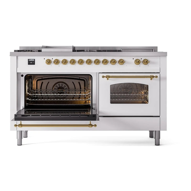 ILVE Nostalgie II 60" Dual Fuel Freestanding Range in White with Brass Trim, UP60FSNMPWHG