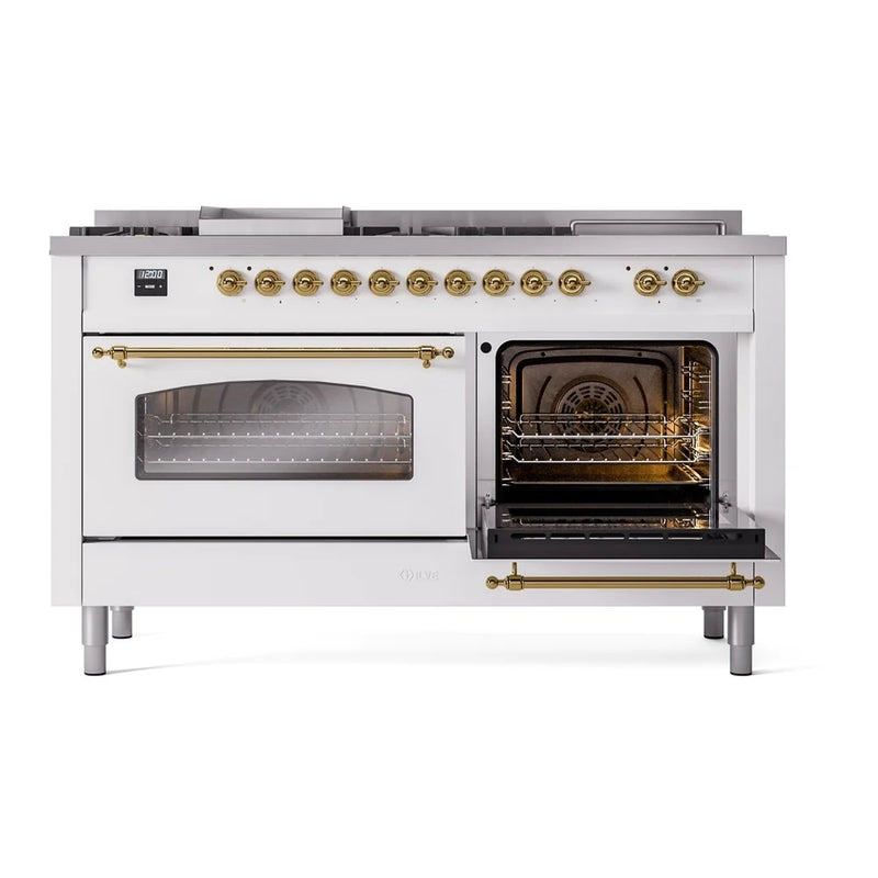 ILVE Nostalgie II 60" Dual Fuel Freestanding Range in White with Brass Trim, UP60FSNMPWHG