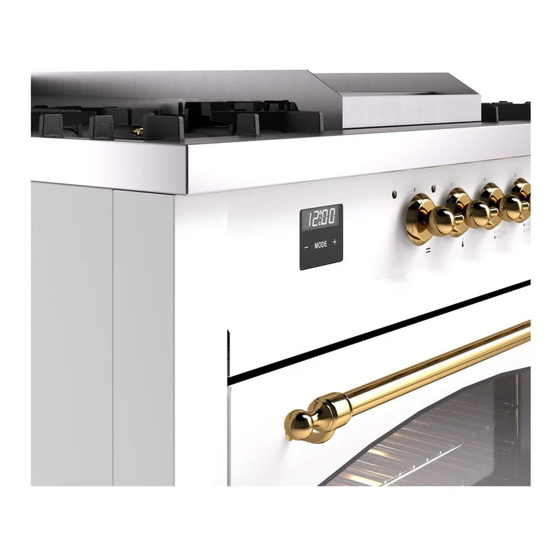 ILVE Nostalgie II 60" Dual Fuel Freestanding Range in White with Brass Trim, UP60FSNMPWHG