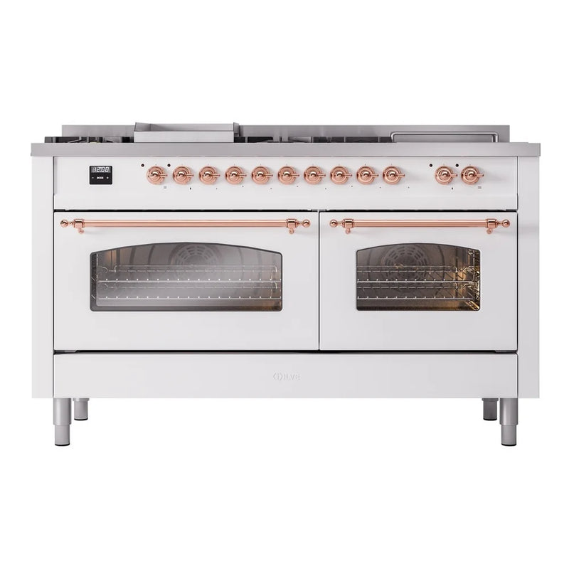 ILVE Nostalgie II 60" Dual Fuel Freestanding Range in White with Copper Trim, UP60FSNMPWHPLP