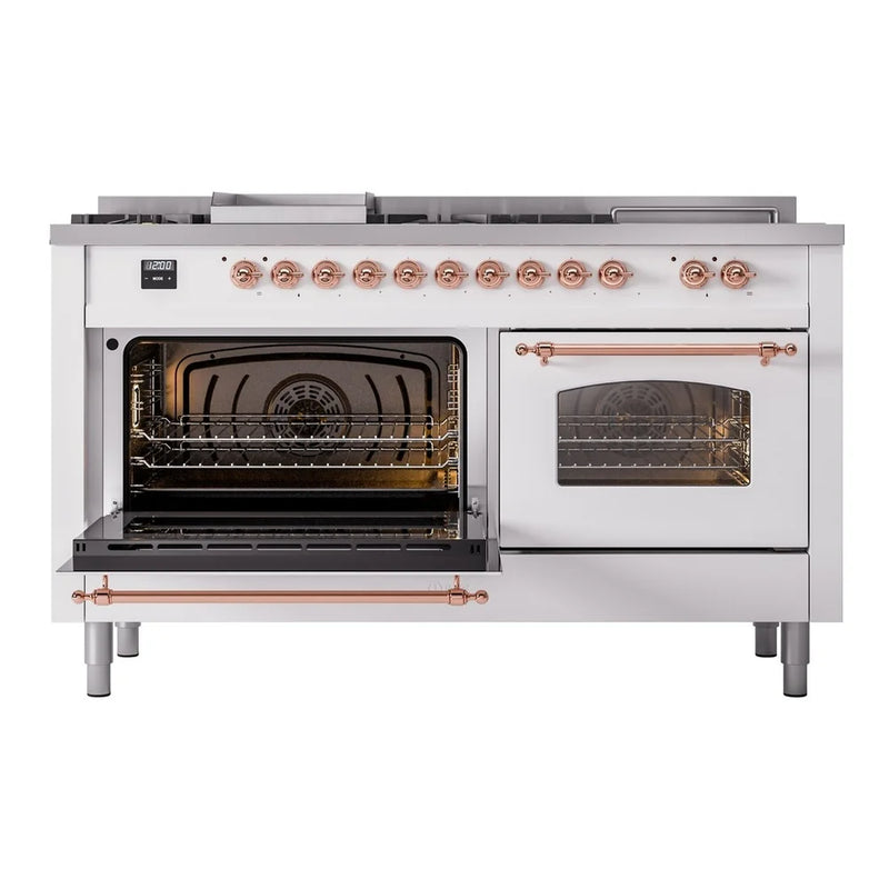ILVE Nostalgie II 60" Dual Fuel Freestanding Range in White with Copper Trim, UP60FSNMPWHPLP