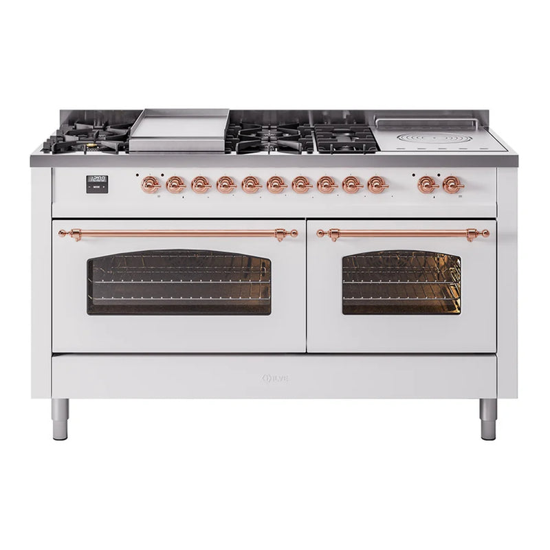 ILVE Nostalgie II 60" Dual Fuel Freestanding Range in White with Copper Trim, UP60FSNMPWHP