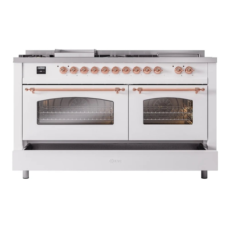 ILVE Nostalgie II 60" Dual Fuel Freestanding Range in White with Copper Trim, UP60FSNMPWHP