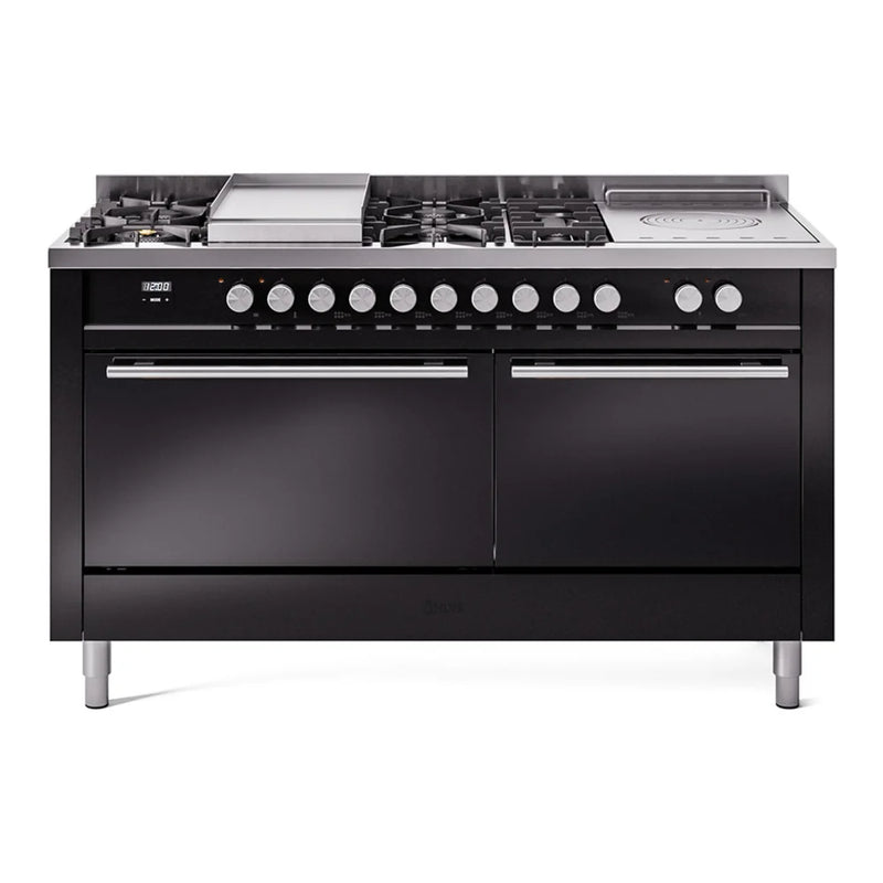 ILVE Professional Plus II 60" Dual Fuel Freestanding Range in Glossy Black with Stainless Steel Trim, UP60FSQMPBKLP