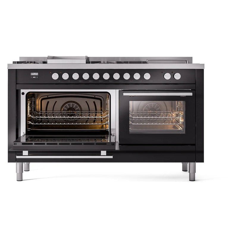 ILVE Professional Plus II 60" Dual Fuel Freestanding Range in Glossy Black with Stainless Steel Trim, UP60FSQMPBKLP