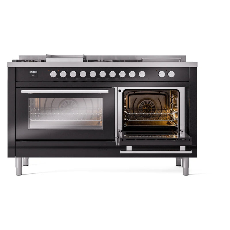 ILVE Professional Plus II 60" Dual Fuel Freestanding Range in Glossy Black with Stainless Steel Trim, UP60FSQMPBKLP