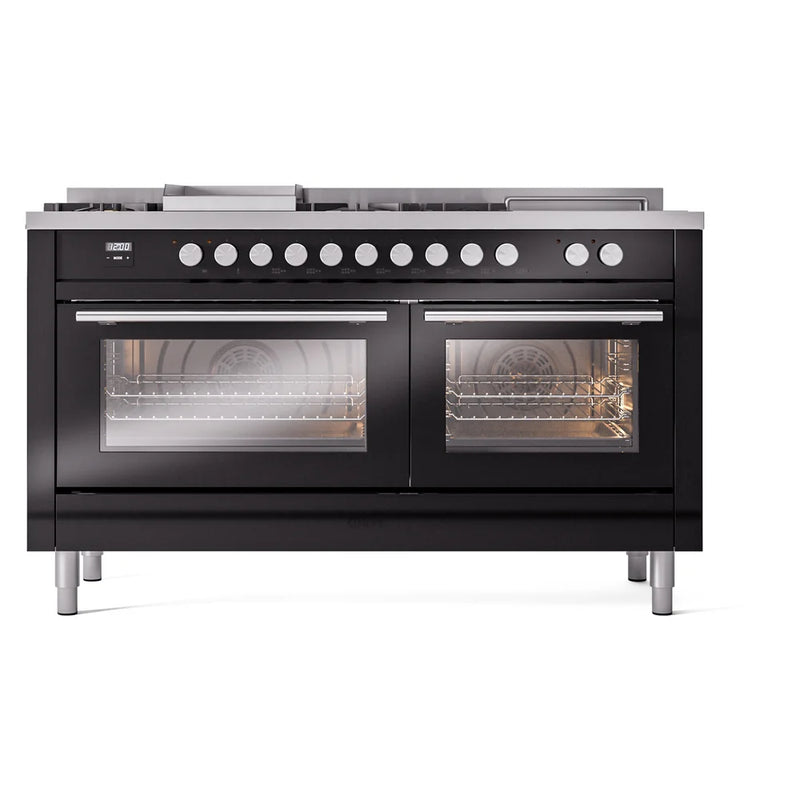 ILVE Professional Plus II 60" Dual Fuel Freestanding Range in Glossy Black with Stainless Steel Trim, UP60FSQMPBKLP