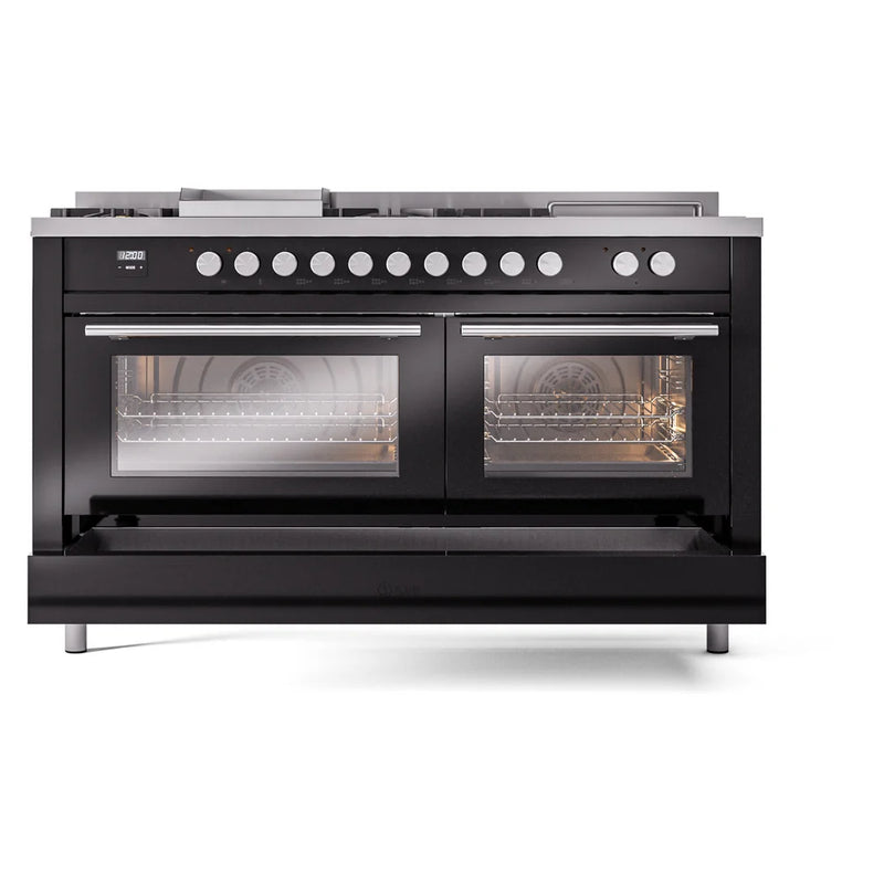 ILVE Professional Plus II 60" Dual Fuel Freestanding Range in Glossy Black with Stainless Steel Trim, UP60FSQMPBKLP