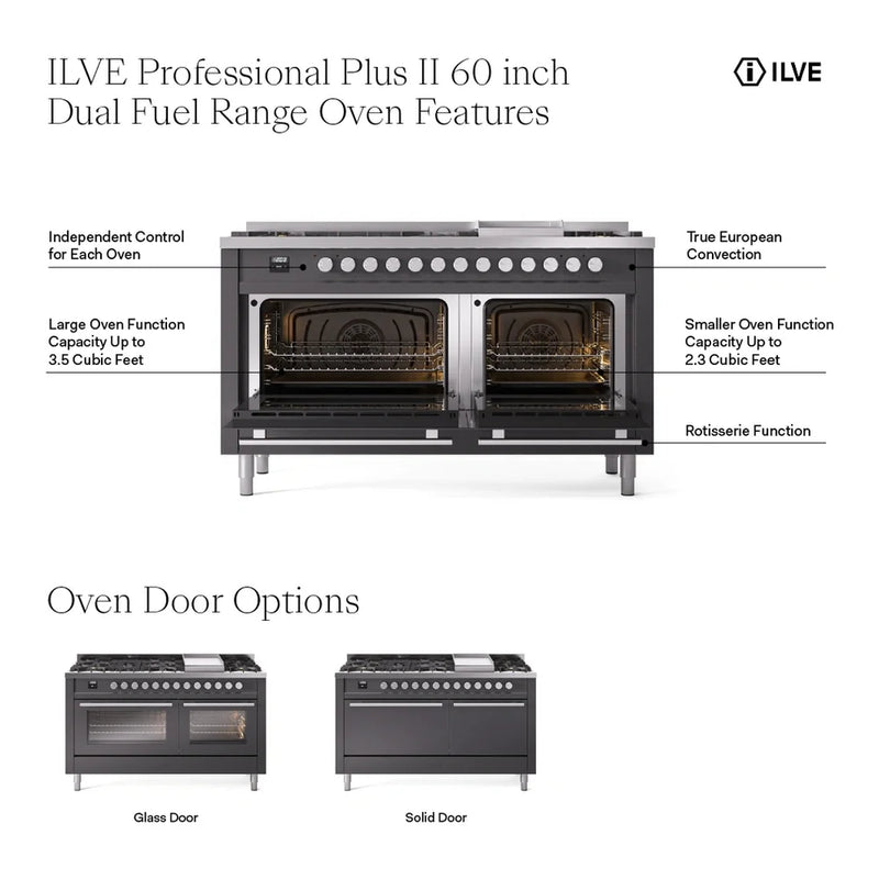 ILVE Professional Plus II 60" Dual Fuel Freestanding Range in Glossy Black with Stainless Steel Trim, UP60FSQMPBK