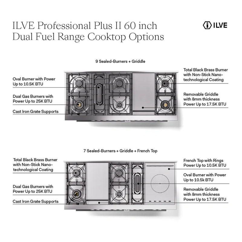ILVE Professional Plus II 60" Dual Fuel Freestanding Range in Stainless Steel with Stainless Steel Trim, UP60FSQMPSSLP