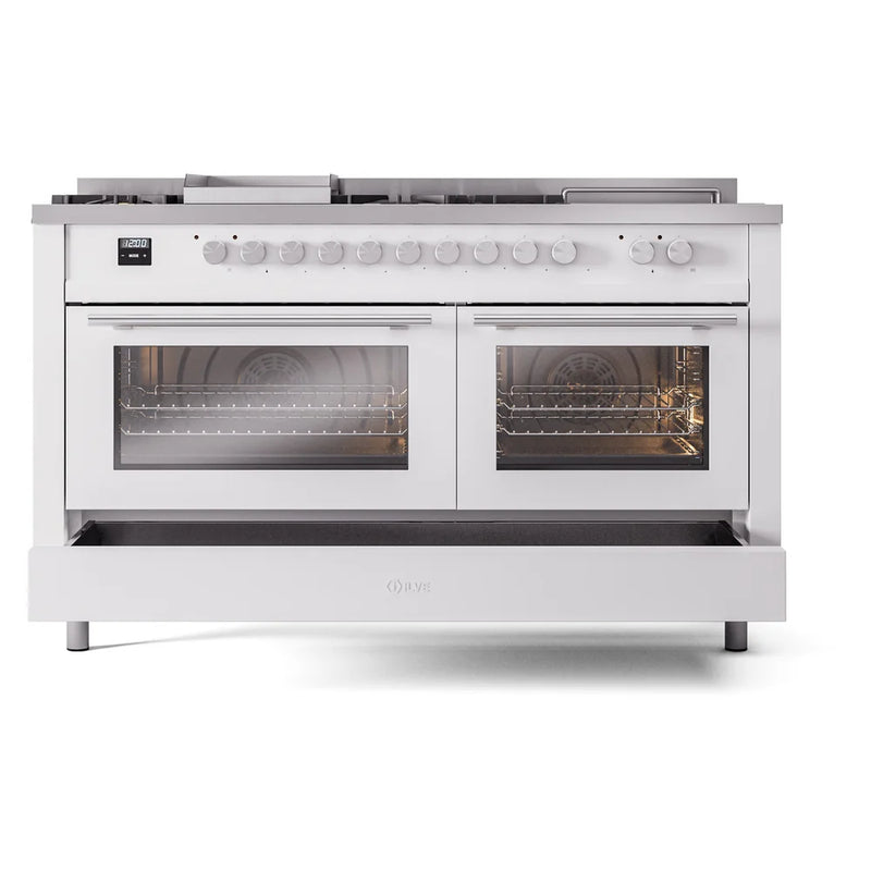 ILVE Professional Plus II 60" Dual Fuel Freestanding Range in White with Stainless Steel Trim, UP60FSQMPWH