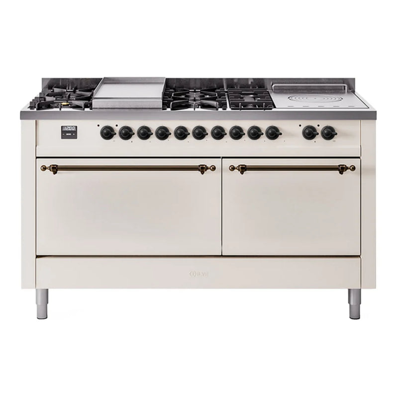 ILVE Nostalgie II 60" Dual Fuel Freestanding Range in Antique White with Burnished Trim, UP60FSQNMPAWBLP