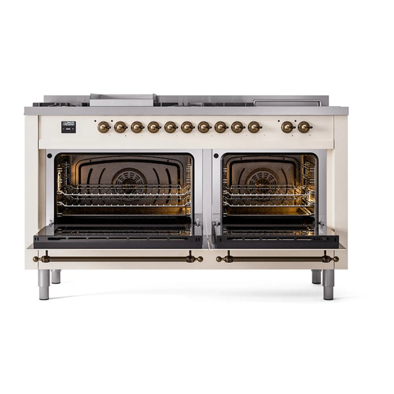 ILVE Nostalgie II 60" Dual Fuel Freestanding Range in Antique White with Burnished Trim, UP60FSQNMPAWBLP
