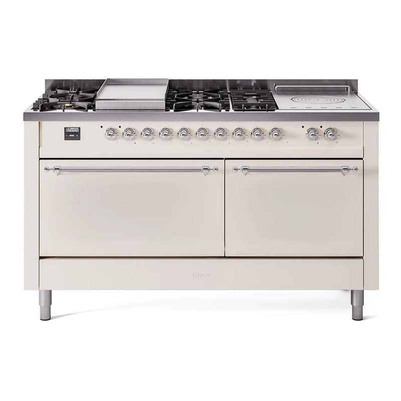 ILVE Nostalgie II 60" Dual Fuel Freestanding Range in Antique White with Chrome Trim, UP60FSQNMPAWC