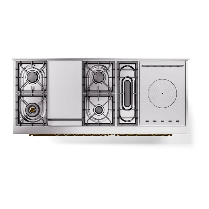ILVE Nostalgie II 60" Dual Fuel Freestanding Range in Antique White with Brass Trim, UP60FSQNMPAWGLP