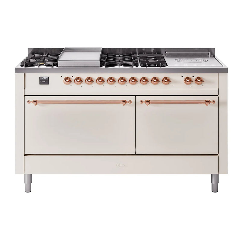 ILVE Nostalgie II 60" Dual Fuel Freestanding Range in Antique White with Copper Trim, UP60FSQNMPAWPLP