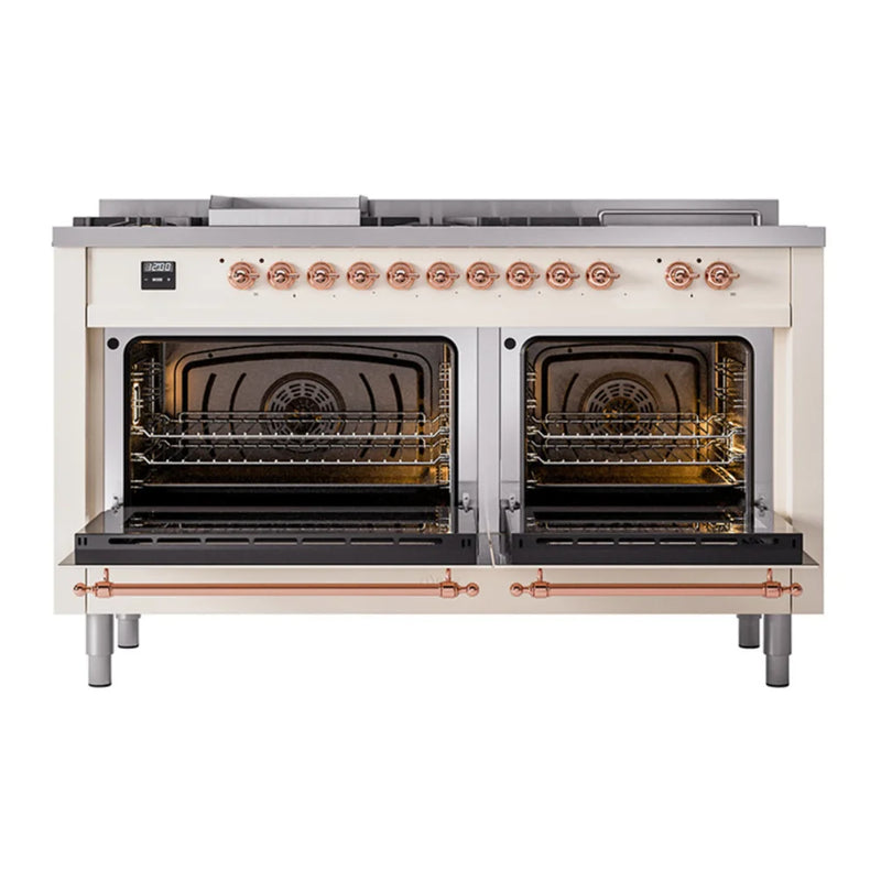 ILVE Nostalgie II 60" Dual Fuel Freestanding Range in Antique White with Copper Trim, UP60FSQNMPAWP