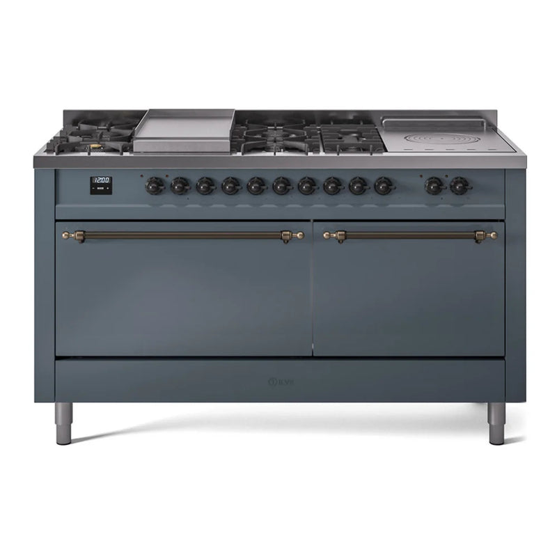 ILVE Nostalgie II 60" Dual Fuel Freestanding Range in Blue Grey with Burnished Trim, UP60FSQNMPBGBLP