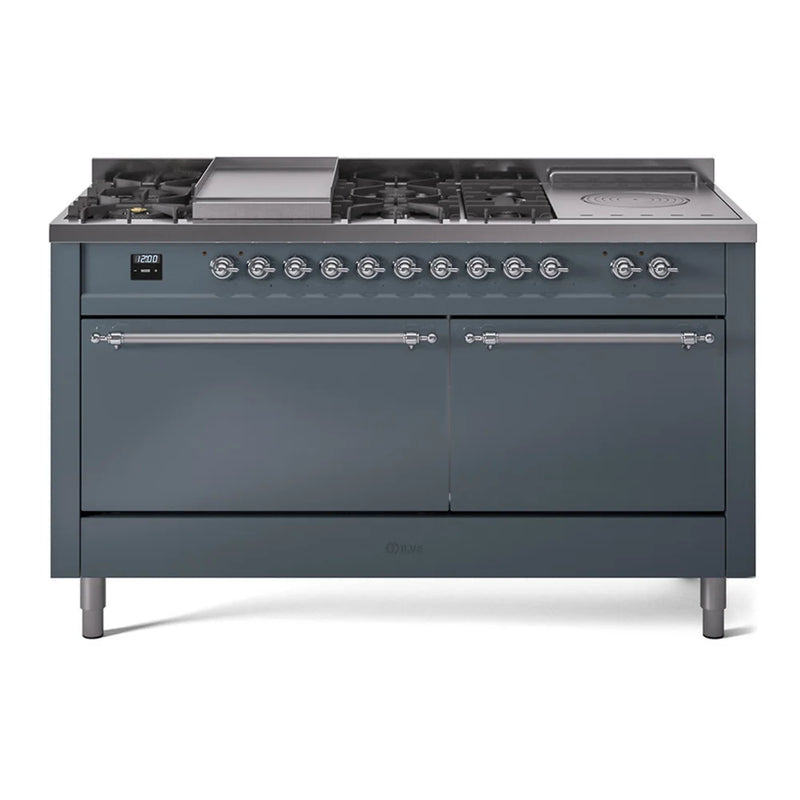 ILVE Nostalgie II 60" Dual Fuel Freestanding Range in Blue Grey with Chrome Trim, UP60FSQNMPBGCLP