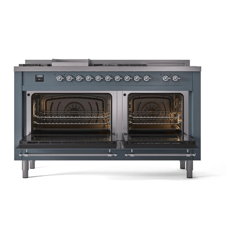 ILVE Nostalgie II 60" Dual Fuel Freestanding Range in Blue Grey with Chrome Trim, UP60FSQNMPBGCLP