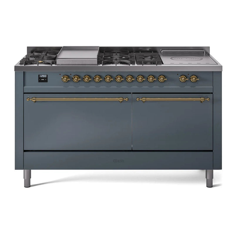 ILVE Nostalgie II 60" Dual Fuel Freestanding Range in Blue Grey with Brass Trim, UP60FSQNMPBGGLP