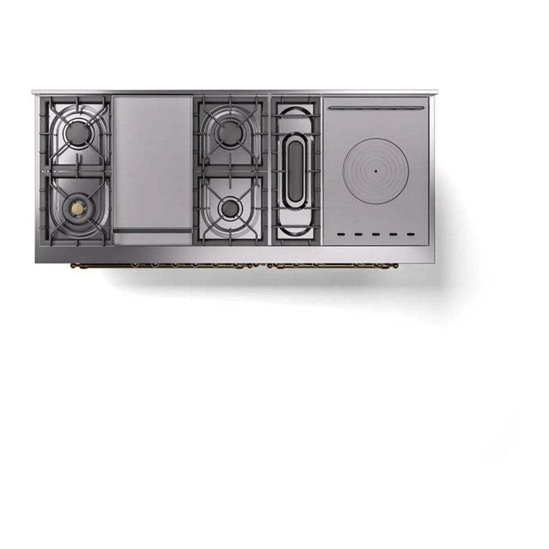 ILVE Nostalgie II 60" Dual Fuel Freestanding Range in Blue Grey with Brass Trim, UP60FSQNMPBGGLP