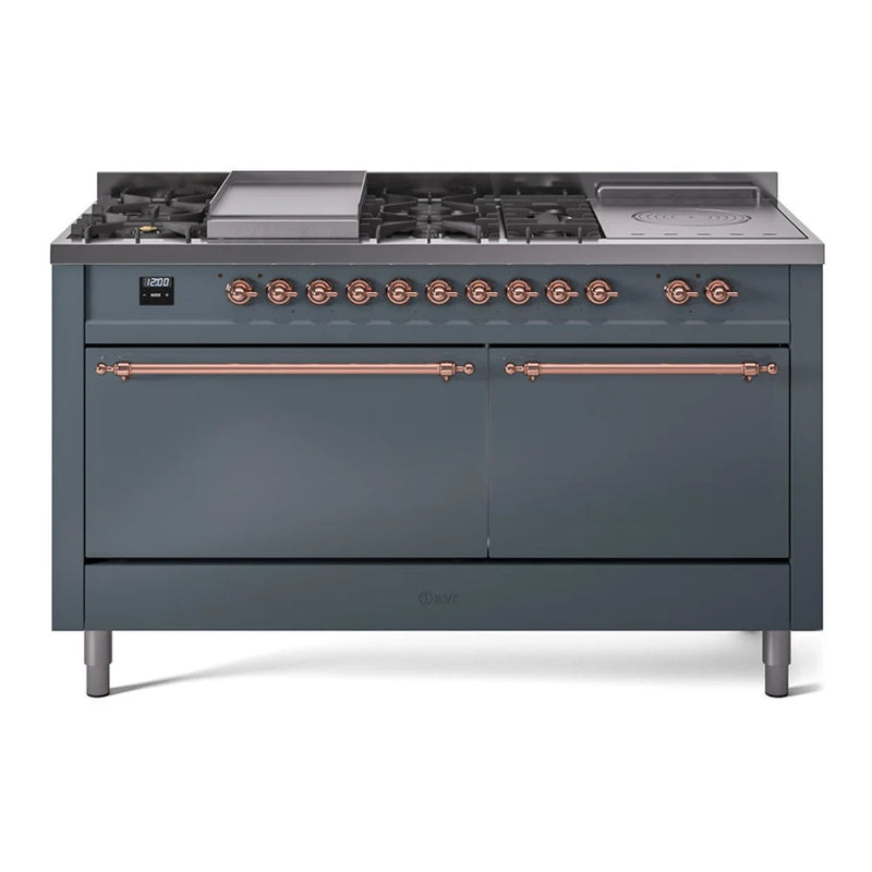 ILVE Nostalgie II 60" Dual Fuel Freestanding Range in Blue Grey with Copper Trim, UP60FSQNMPBGP