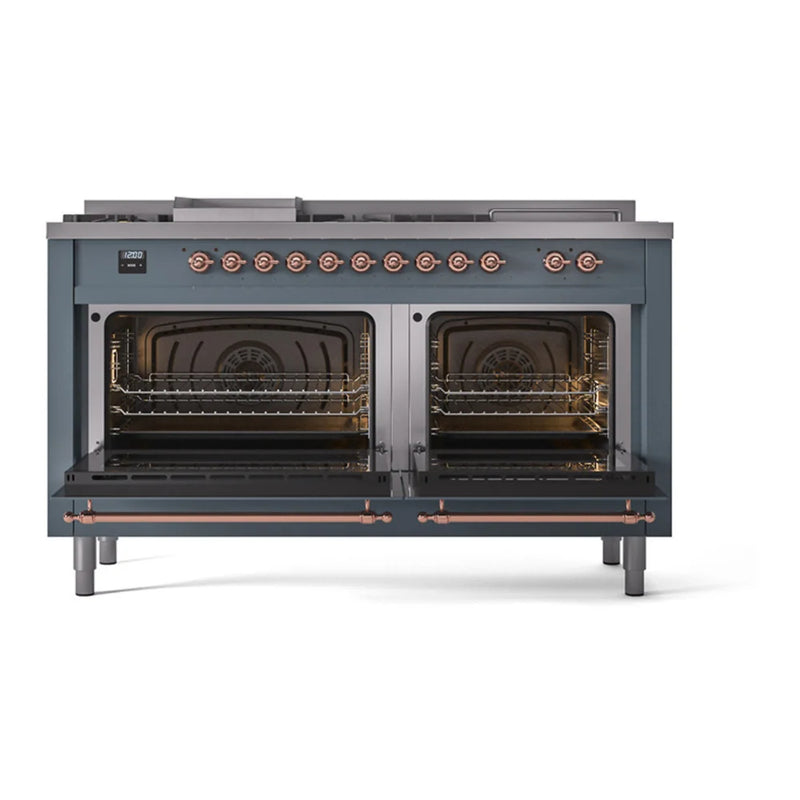 ILVE Nostalgie II 60" Dual Fuel Freestanding Range in Blue Grey with Copper Trim, UP60FSQNMPBGP