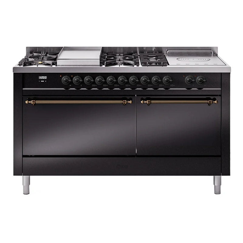 ILVE Nostalgie II 60" Dual Fuel Freestanding Range in Glossy Black with Burnished Trim, UP60FSQNMPBKB