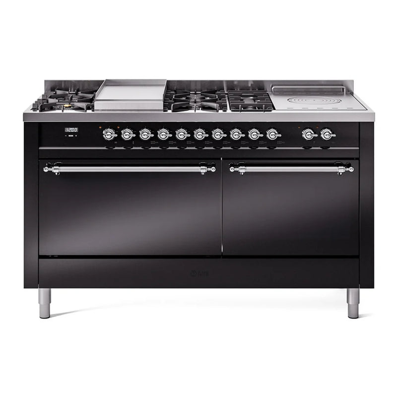 ILVE Nostalgie II 60" Dual Fuel Freestanding Range in Glossy Black with Chrome Trim, UP60FSQNMPBKCLP