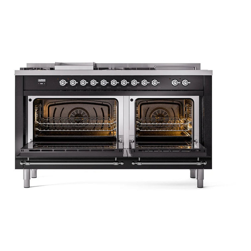 ILVE Nostalgie II 60" Dual Fuel Freestanding Range in Glossy Black with Chrome Trim, UP60FSQNMPBKC