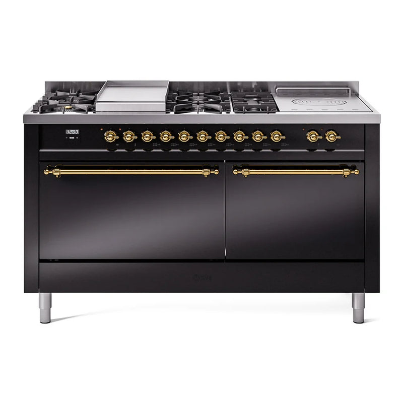 ILVE Nostalgie II 60" Dual Fuel Freestanding Range in Glossy Black with Brass Trim, UP60FSQNMPBKGLP