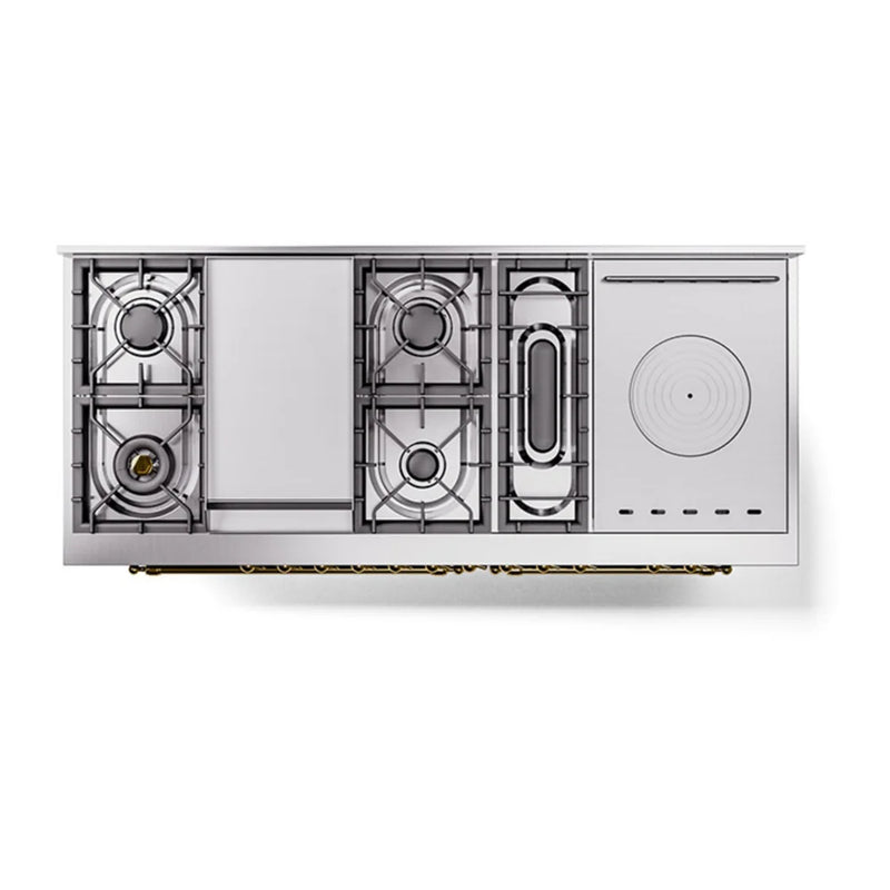 ILVE Nostalgie II 60" Dual Fuel Freestanding Range in Glossy Black with Brass Trim, UP60FSQNMPBKGLP