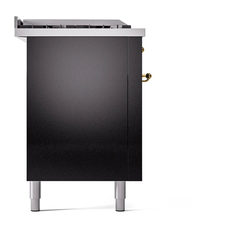 ILVE Nostalgie II 60" Dual Fuel Freestanding Range in Glossy Black with Brass Trim, UP60FSQNMPBKGLP