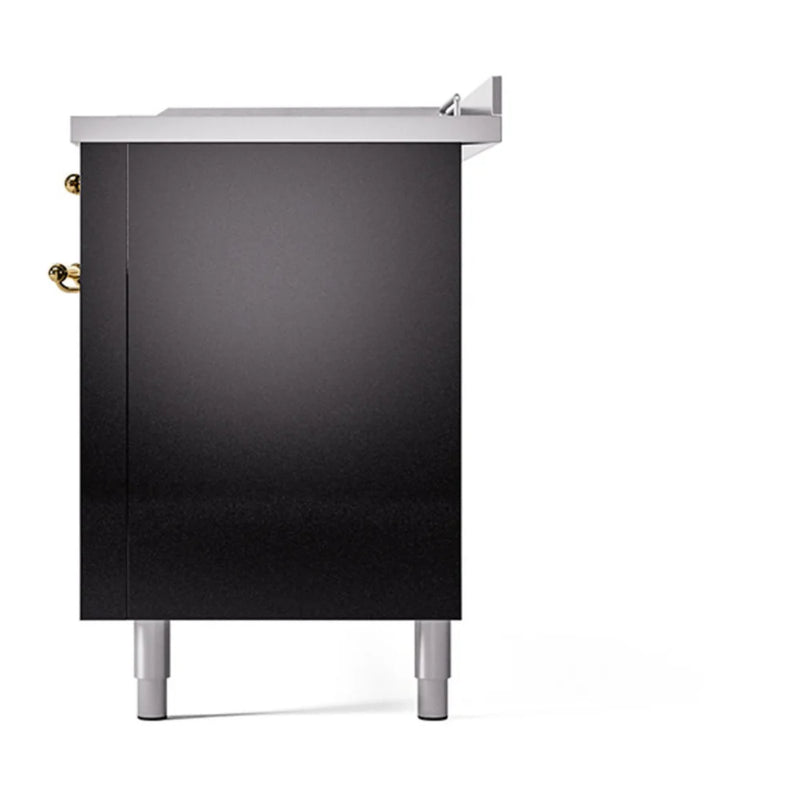 ILVE Nostalgie II 60" Dual Fuel Freestanding Range in Glossy Black with Brass Trim, UP60FSQNMPBKGLP