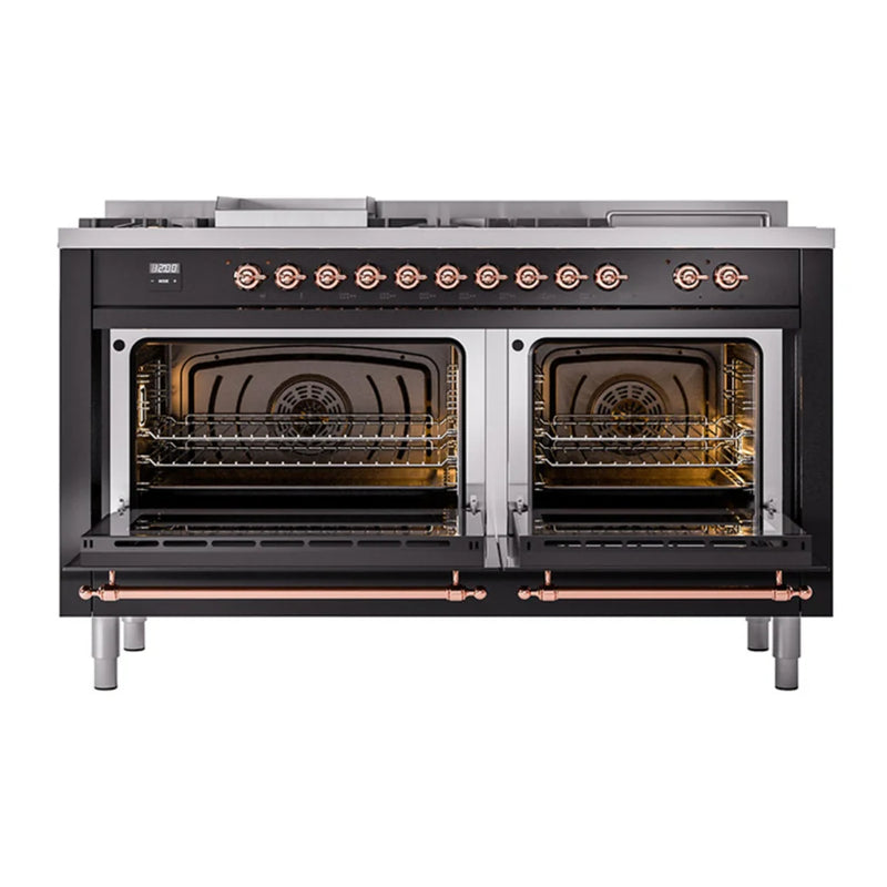 ILVE Nostalgie II 60" Dual Fuel Freestanding Range in Glossy Black with Copper Trim, UP60FSQNMPBKPLP