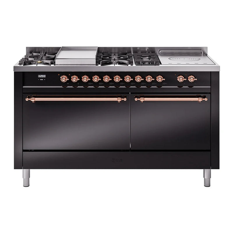 ILVE Nostalgie II 60" Dual Fuel Freestanding Range in Glossy Black with Copper Trim, UP60FSQNMPBKP