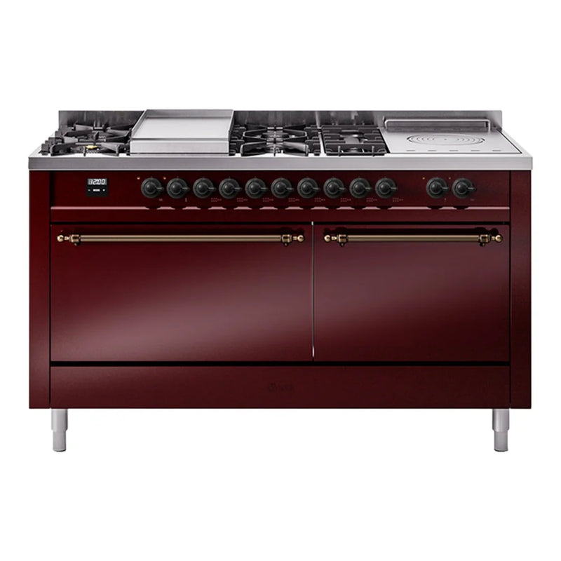 ILVE Nostalgie II 60" Dual Fuel Freestanding Range in Burgundy with Burnished Trim, UP60FSQNMPBUB