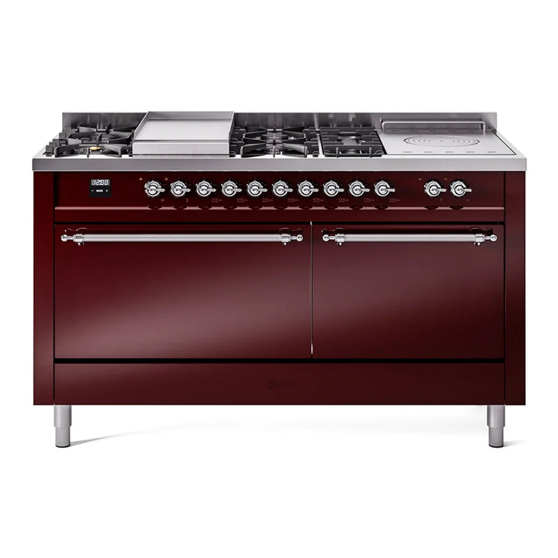 ILVE Nostalgie II 60" Dual Fuel Freestanding Range in Burgundy with Chrome Trim, UP60FSQNMPBUCLP