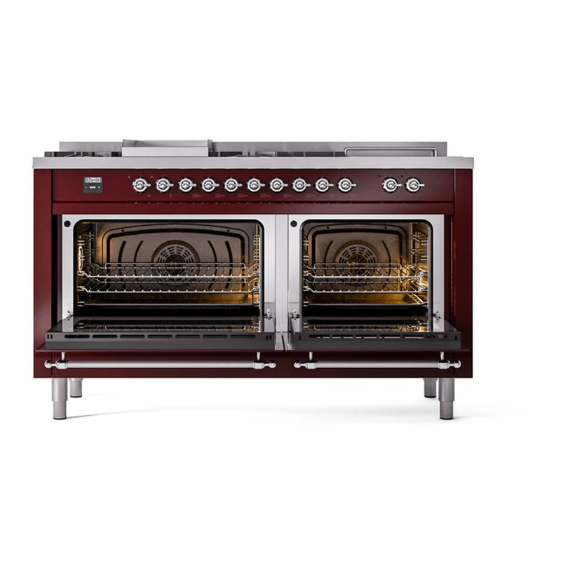 ILVE Nostalgie II 60" Dual Fuel Freestanding Range in Burgundy with Chrome Trim, UP60FSQNMPBUCLP