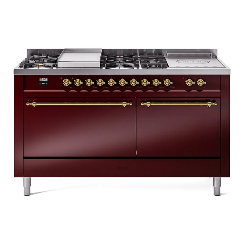 ILVE Nostalgie II 60" Dual Fuel Freestanding Range in Burgundy with Brass Trim, UP60FSQNMPBUGLP
