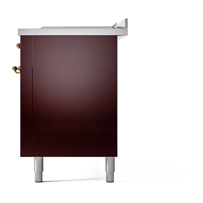 ILVE Nostalgie II 60" Dual Fuel Freestanding Range in Burgundy with Brass Trim, UP60FSQNMPBUGLP