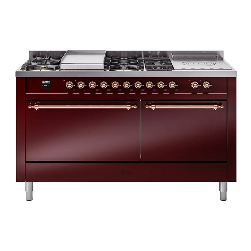 ILVE Nostalgie II 60" Dual Fuel Freestanding Range in Burgundy with Copper Trim, UP60FSQNMPBUPLP