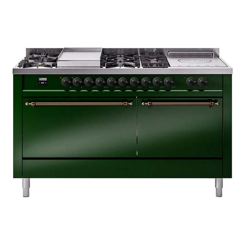 ILVE Nostalgie II 60" Dual Fuel Freestanding Range in Emerald Green with Burnished Trim, UP60FSQNMPEGBLP