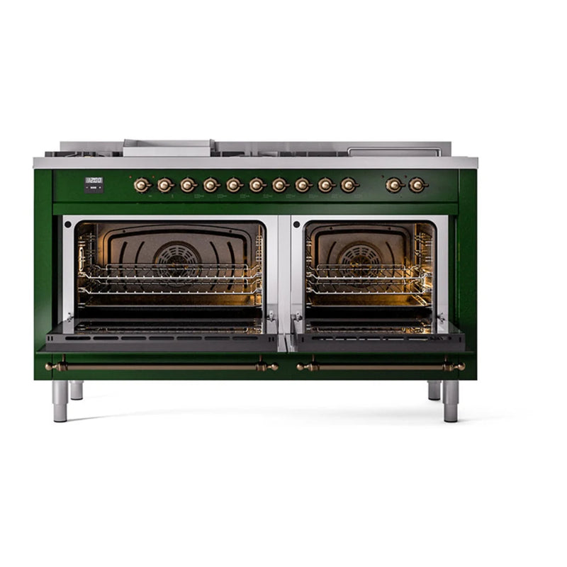 ILVE Nostalgie II 60" Dual Fuel Freestanding Range in Emerald Green with Burnished Trim, UP60FSQNMPEGBLP