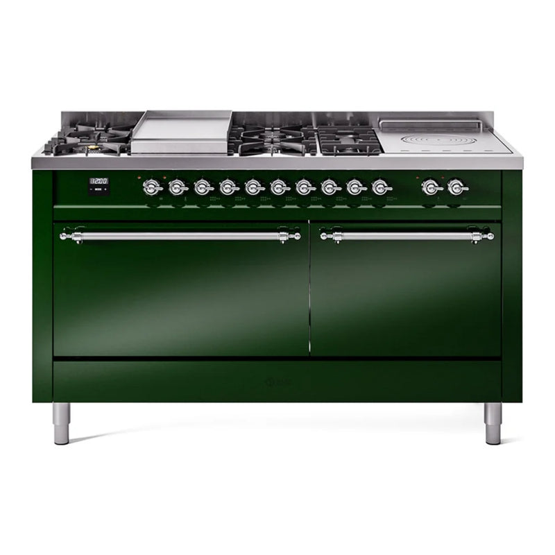 ILVE Nostalgie II 60" Dual Fuel Freestanding Range in Emerald Green with Chrome Trim, UP60FSQNMPEGC