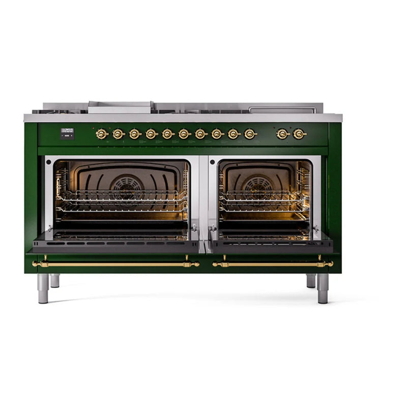 ILVE Nostalgie II 60" Dual Fuel Freestanding Range in Emerald Green with Brass Trim, UP60FSQNMPEGGLP