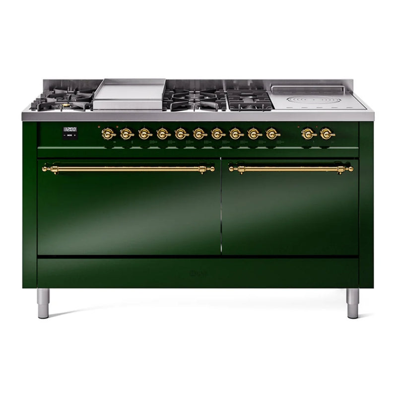 ILVE Nostalgie II 60" Dual Fuel Freestanding Range in Emerald Green with Brass Trim, UP60FSQNMPEGG