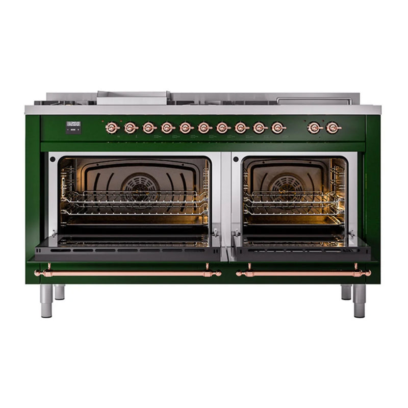 ILVE Nostalgie II 60" Dual Fuel Freestanding Range in Emerald Green with Copper Trim, UP60FSQNMPEGPLP