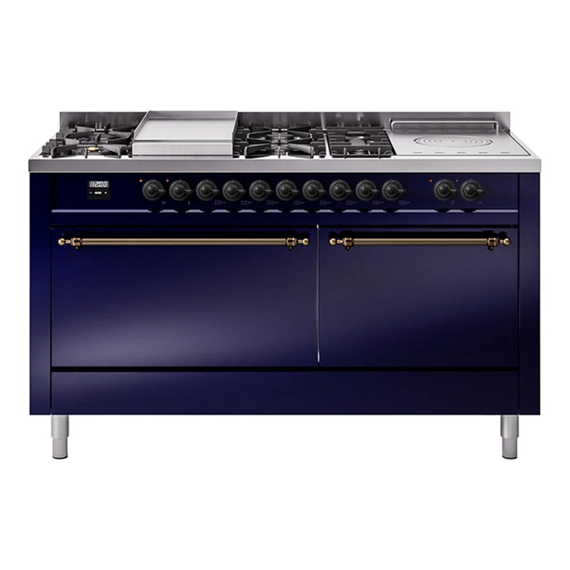 ILVE Nostalgie II 60" Dual Fuel Freestanding Range in Midnight Blue with Burnished Trim, UP60FSQNMPMBBLP